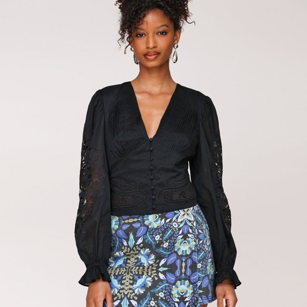 Avec Les Filles Womens Black Cotton Lace Trim Button Front Blouse Size S Top